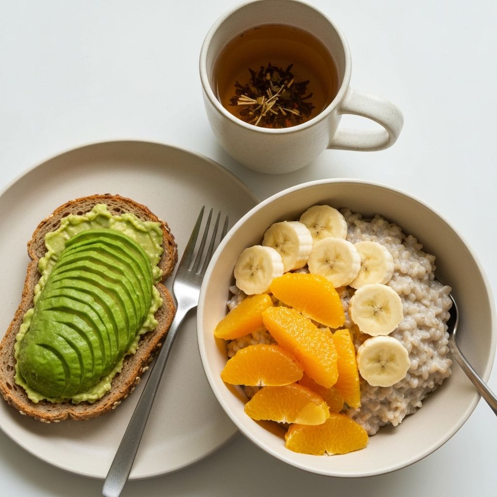 Fresh breakfast with oatmeal, fruits and tea