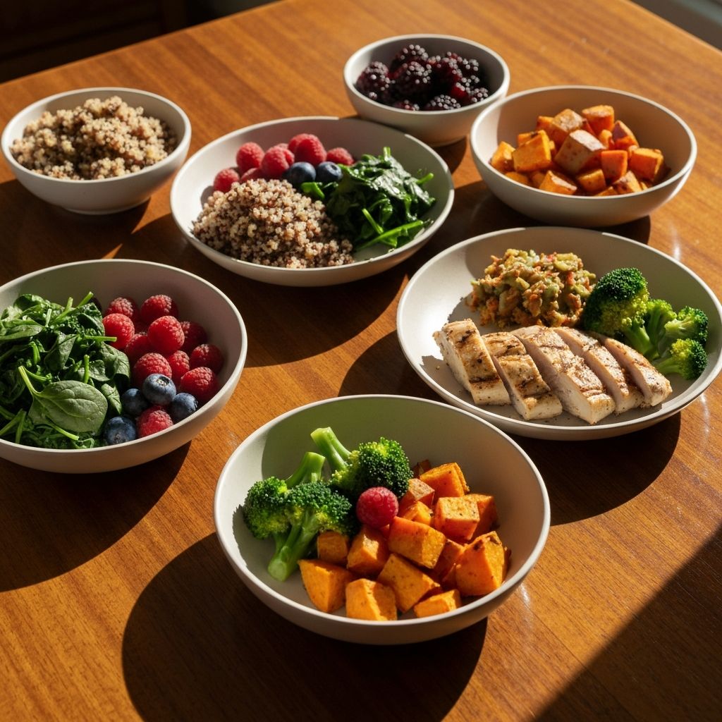 Multiple healthy meal components arranged on table